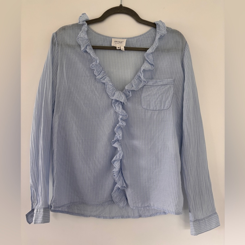Sezane Light Blue Ruffle Blouse - Size 38 - Picture 3 of 6